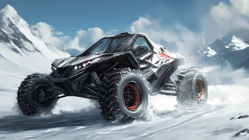 Dynamic off-road buggy concept in alpine snowfield rendering.