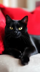 Obsidian Gaze: Black Cat's Golden Eyes on Crimson Velvet.