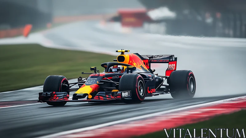 Formula race car accelerates through wet circuit corner