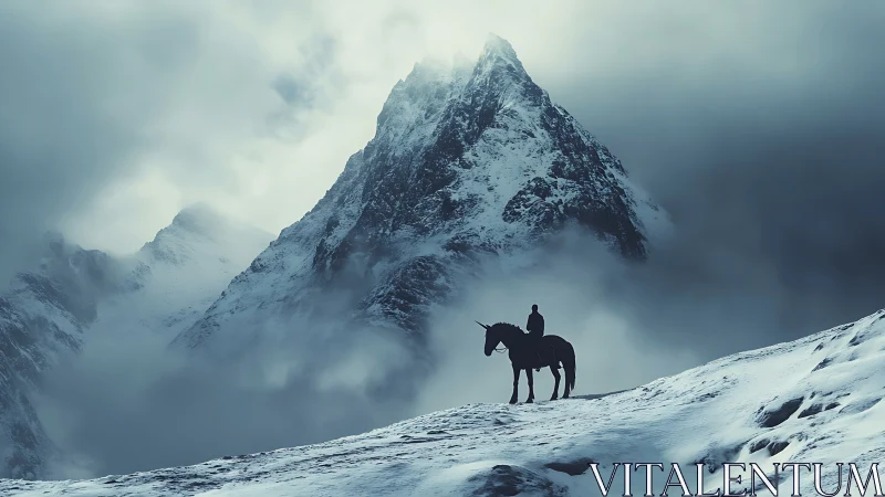 Lone rider and unicorn stalk a storm-torn frozen peak.