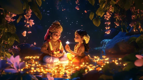 Gentle divine children share a glowing blossom in moonlit water