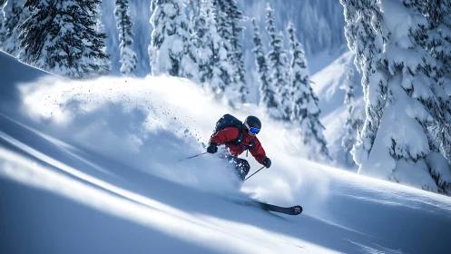 Expert skier carving dynamic line through deep alpine powder