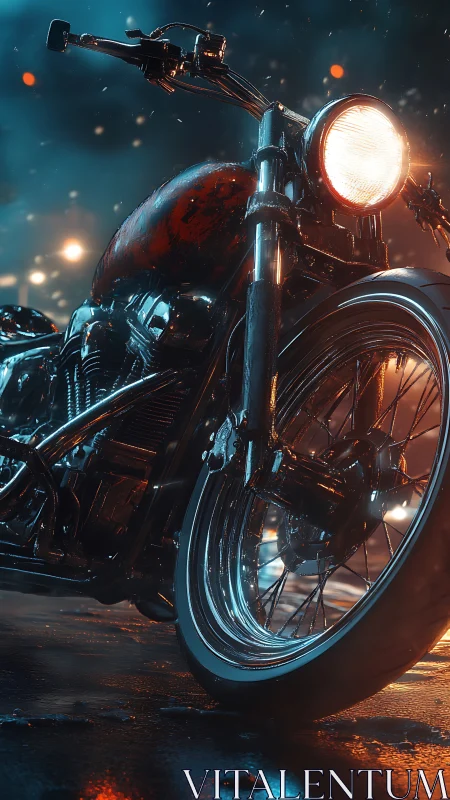 Custom motorcycle gleams under neon rain at night street.