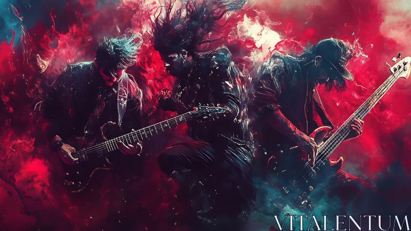 Electric rock trio in explosive red cyan digital painting storm