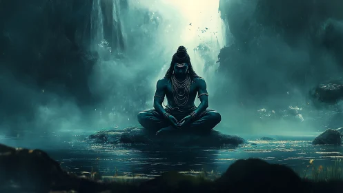 Meditating blue figure on rock amid misty waterfall pool.
