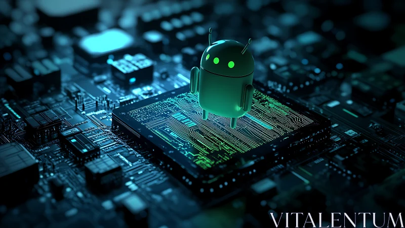 Android robot glows above circuitry, symbolizing mobile AI power