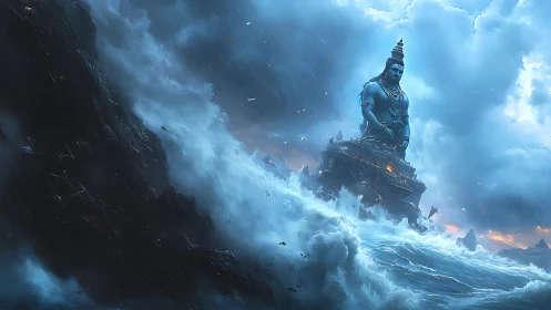 Colossal blue deity statue rises over storm-lashed ocean