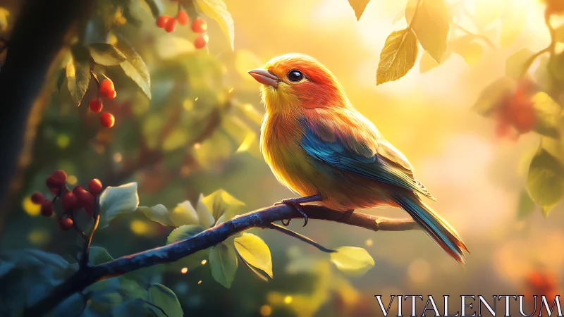 Vibrant songbird on branch in dreamy sunlight, digital art style.