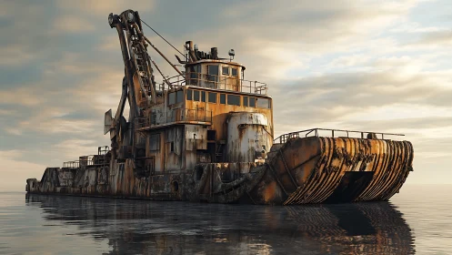 Rust-streaked industrial dredger ship in calm seascape light.