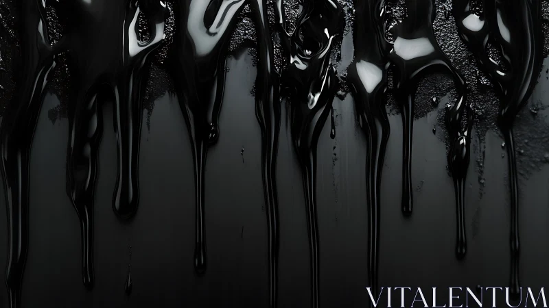 Black viscous liquid drips vertically down a dark surface