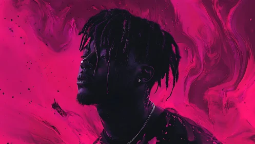 Dreamy neon portrait bathed in bold pink swirling light.