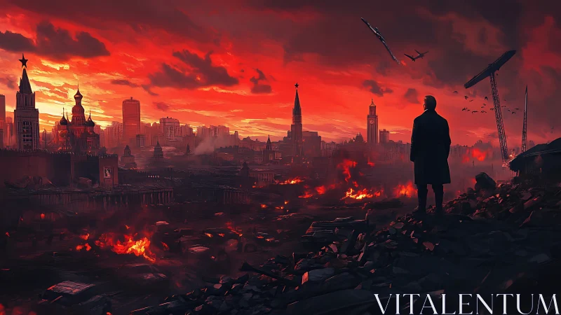 Solitary figure observing a burning red city skyline.