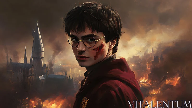 Battle-scorched boy wizard turns toward a burning citadel