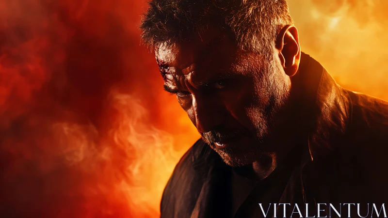 Scorched lone warrior glowers through embers and shadowed flame.