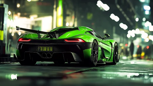 Electric green supercar glows against a rainy neon city street