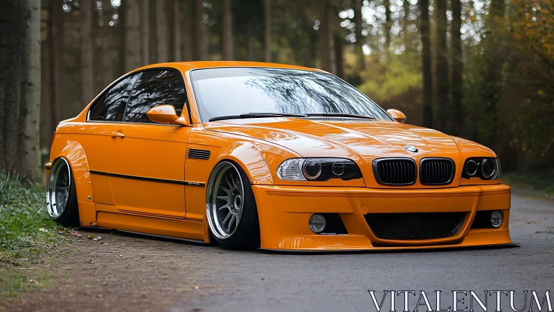 Orange BMW coupe with modified stance parked on forest road.