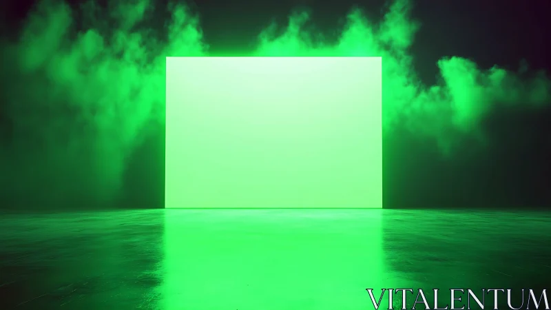 Bright neon green rectangular screen in foggy studio.