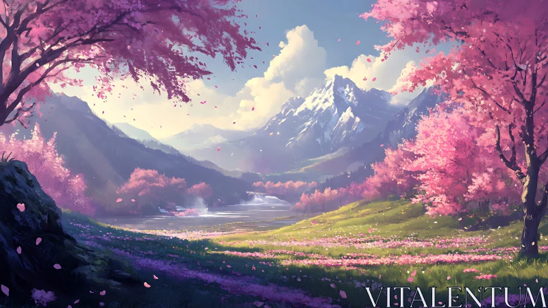 Chromatic alpine valley under luminous spring bloom canopy.