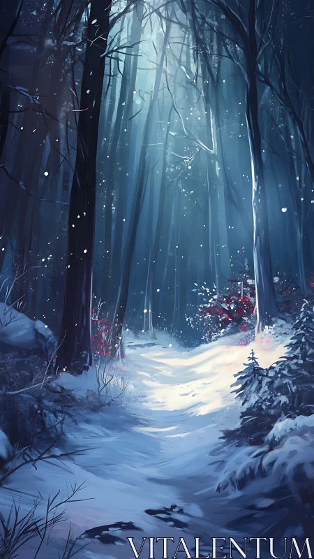 Enchanted Winter Forest Path Through Snowy Trees.