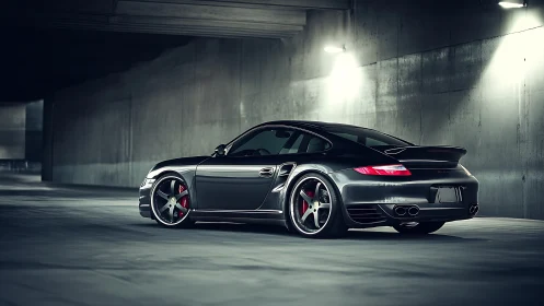 Sleek sports car rests under soft garage lights at night