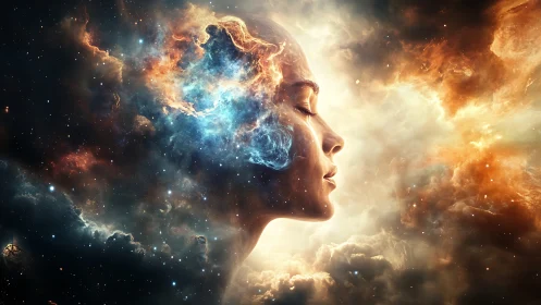 Serene cosmic portrait where stardust gently shapes a mind.