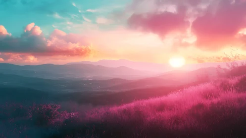 Sunset illuminates stylized pink hillside and distant mountains