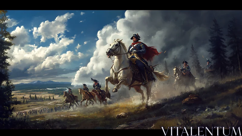 Mounted officers leading cavalry charge across plain.