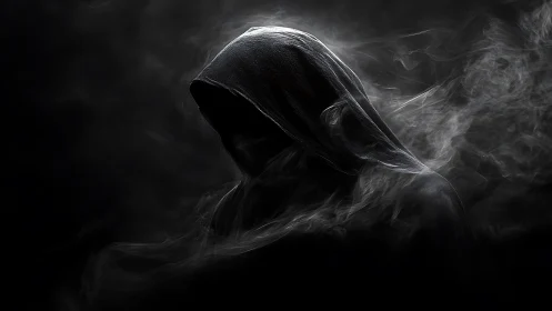 Hooded wraith silhouette in dramatic low key photorealism.