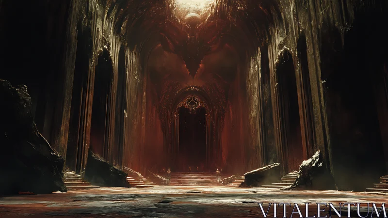 Gothic infernal throne hall with monumental vaulted arches.