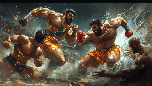 Muscular fighters engaged in combat within arena setting