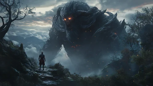 Stormlit titan of ash confronts lone wanderer at dusk.