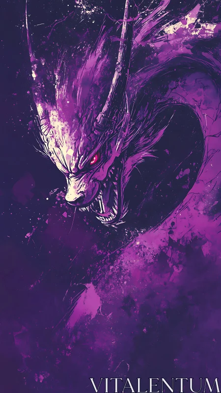 Ferocious purple dragon head emerging from dark void.