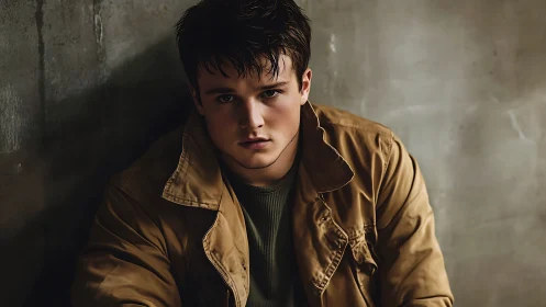 Brooding young man in tan jacket under moody side light.