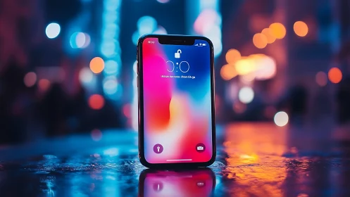 Modern smartphone amid vibrant neon bokeh glow.