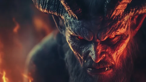 Demonic horned lord with burning eyes in hellfire glow.