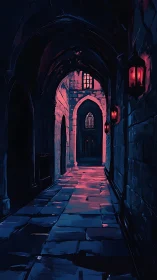 Gothic cloister corridor under crimson spectral lanterns.
