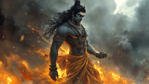 Divine blue warrior amid roaring flames and storm clouds.