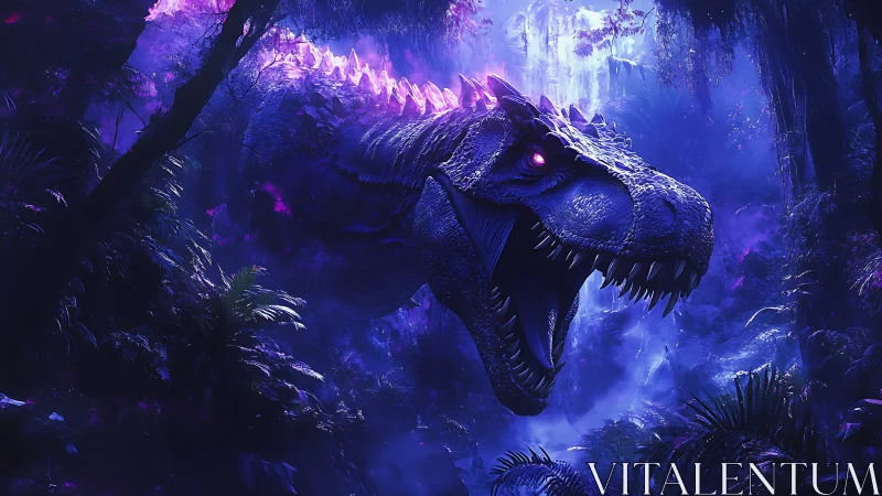 Bioluminescent tyrannosaur roars in neon-lit alien jungle gorge