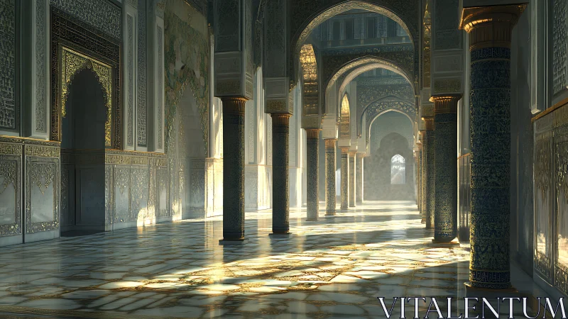 Intricate sunlit hall with arches and patterned columns.