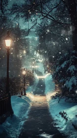 Snowlit urban pathway recedes under nostalgic gaslamps at dusk