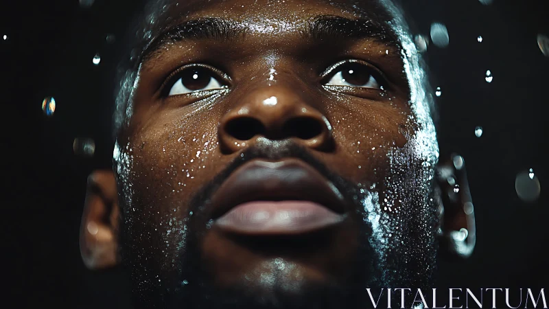 Portrait with crystalline surface coating and atmospheric particles.