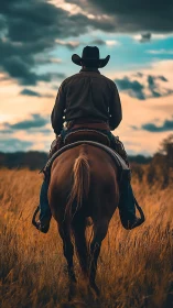 Rider on horseback moves through tall field under clouded sky