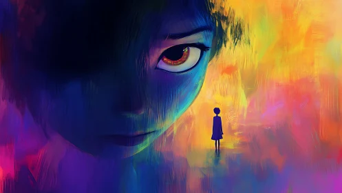Large stylized face and small figure in vivid color field.