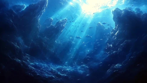 Sunlit currents carve cathedral corridors in the deep sea