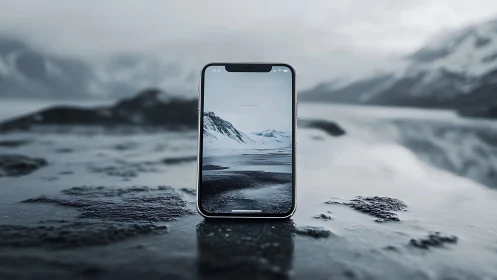 Photorealistic smartphone on glacial shoreline with mirror framing.