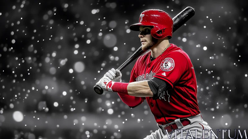 Red-uniformed batter waits in a snowfall of stadium lights.