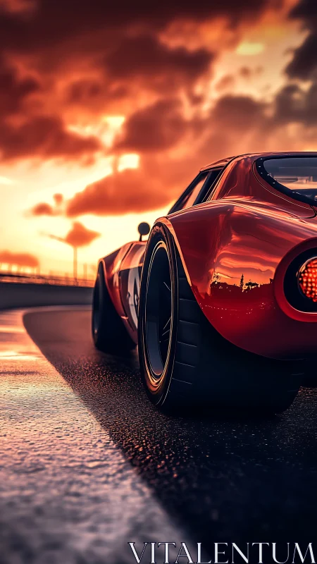 Retro race car glows against a dramatic storm-lit sunset track