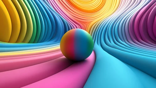 Gradient sphere rests within layered neon color waves