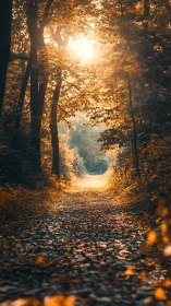 Golden Autumn Pathway Through Forest Canopy at Sunrise.