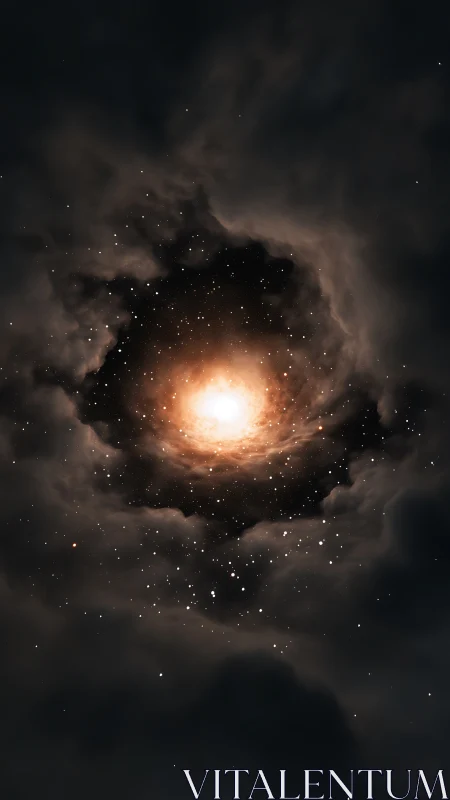 Stellar vortex glows through dark cosmic clouds in deep space